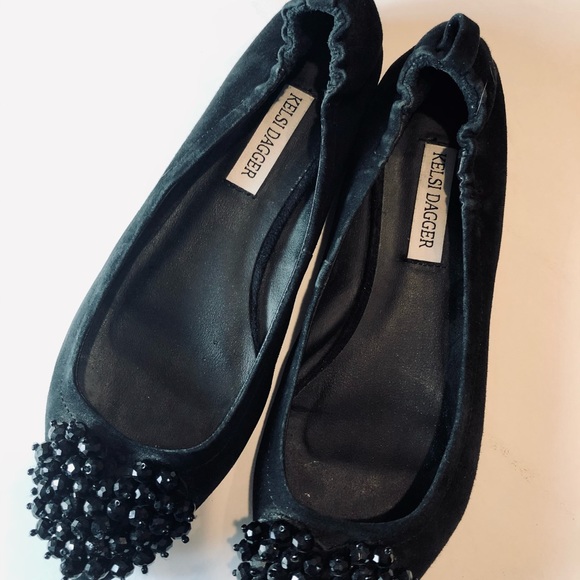 KELSI DAGGER LUVVY Black Suede Flats Crystal Heart - Picture 3 of 10